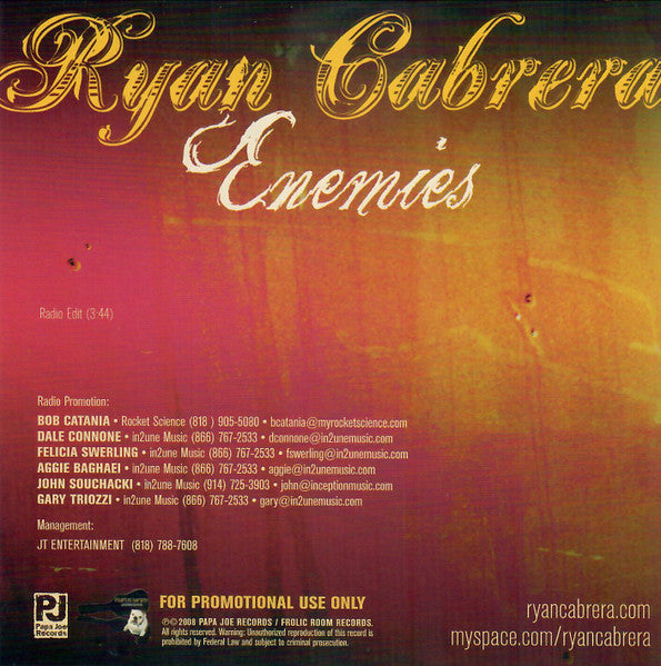 Ryan Cabrera : Enemies (CD, Single, Ltd, Promo)