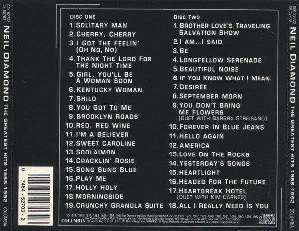 Neil Diamond : The Greatest Hits 1966-1992 (2xCD, Comp, Mono)