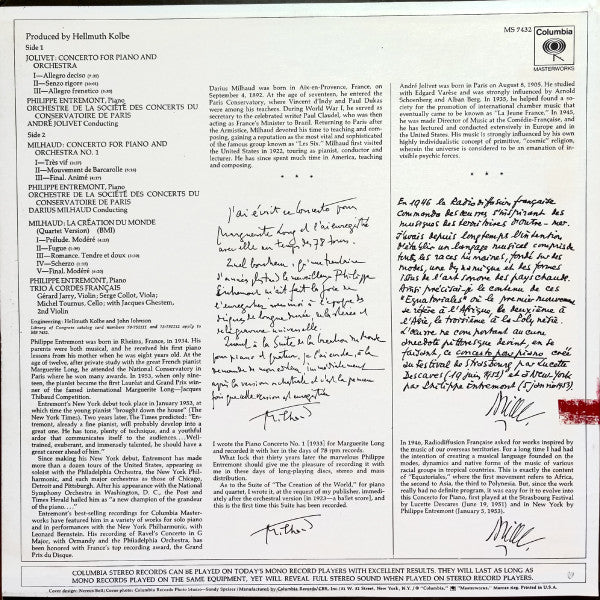 Philippe Entremont, Darius Milhaud / André Jolivet The Composers Conducting Orchestre De La Société Des Concerts Du Conservatoire / Trio À Cordes Français* : Piano Concerto No. 1 / Piano Concerto / La Création Du Monde (LP)