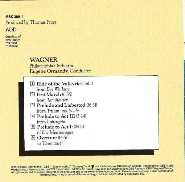 Wagner*, Eugene Ormandy, Philadelphia Orchestra* : Great Orchestral Music from Tannhäuser - Lohengrin - Die Walküre - Die Meistersinger - Tristan & Isolde (CD, Comp)