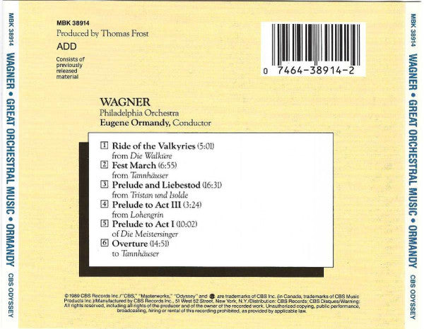 Wagner*, Eugene Ormandy, Philadelphia Orchestra* : Great Orchestral Music from Tannhäuser - Lohengrin - Die Walküre - Die Meistersinger - Tristan & Isolde (CD, Comp)