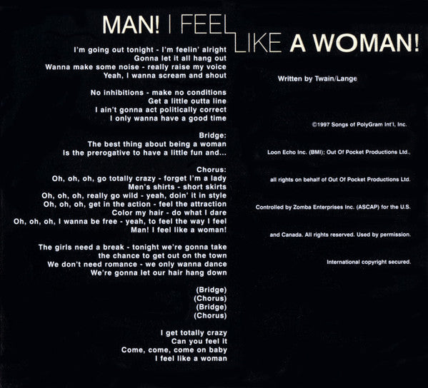 Shania Twain : Man! I Feel Like A Woman! (CD, Single, Promo)