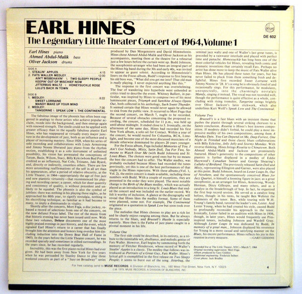 Earl Hines : The Legendary Little Theater Concert Of 1964, Volume 1 (LP, Album, Promo)