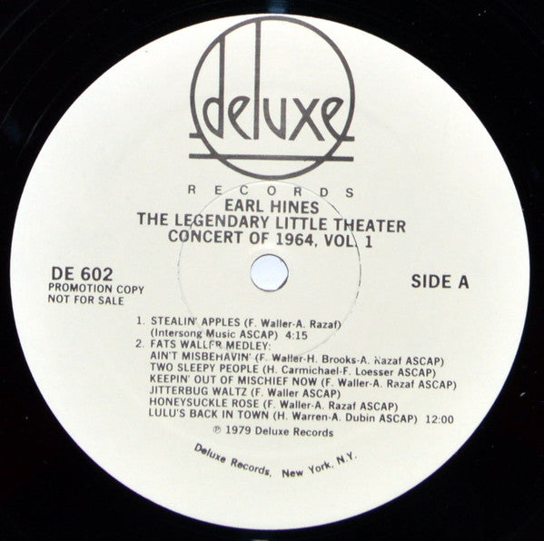 Earl Hines : The Legendary Little Theater Concert Of 1964, Volume 1 (LP, Album, Promo)