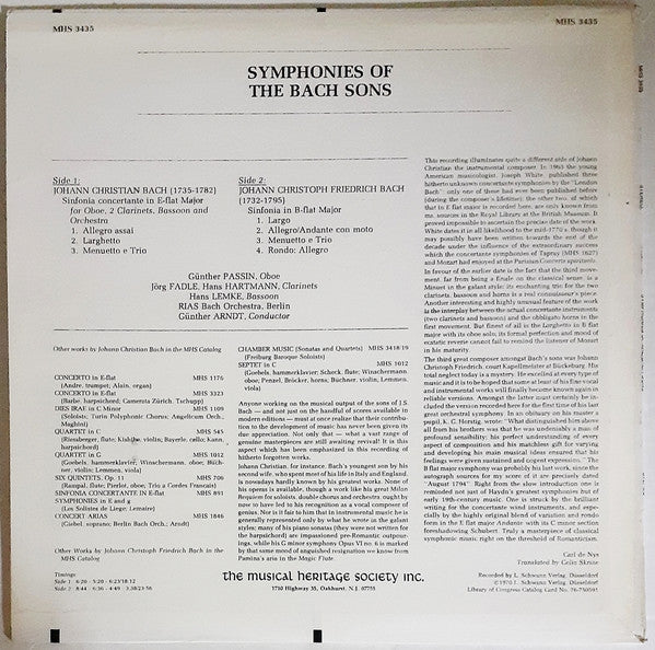 Johann Christian Bach, Johann Christoph Friedrich Bach, Bach-Orchester Berlin, Günther Arndt : Symphonies Of The Bach Sons (LP)
