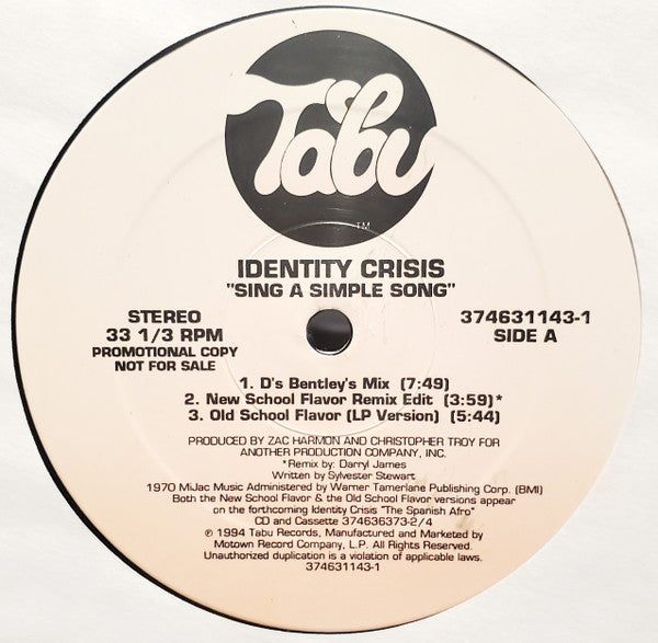 Identity Crisis (2) : Sing A Simple Song (12", Promo)