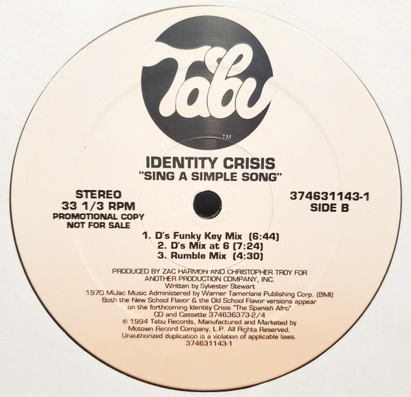 Identity Crisis (2) : Sing A Simple Song (12", Promo)