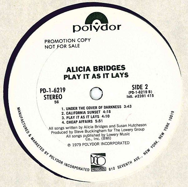 Alicia Bridges : Play It As It Lays (LP, Album, Promo)