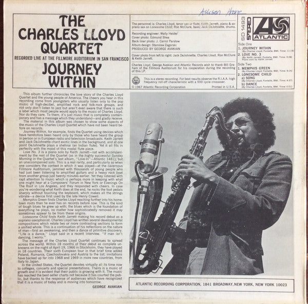 The Charles Lloyd Quartet : Journey Within (LP, Album, Mon)