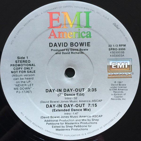 David Bowie : Day-In Day-Out (7" Dance Edit / Extended Dance Mix) (12", Maxi, Promo)