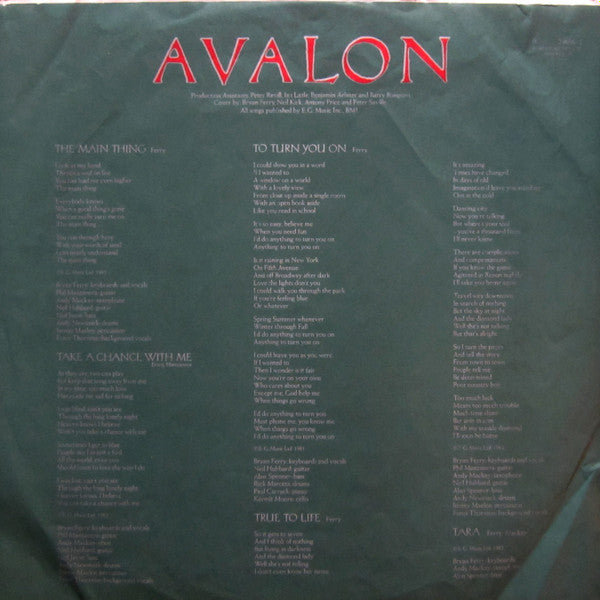 Roxy Music : Avalon (LP, Album, Jac)
