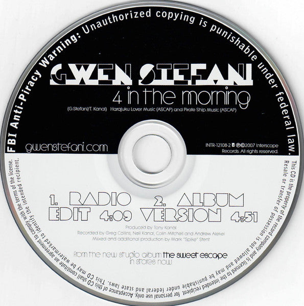 Gwen Stefani : 4 In The Morning (CD, Single, Promo)
