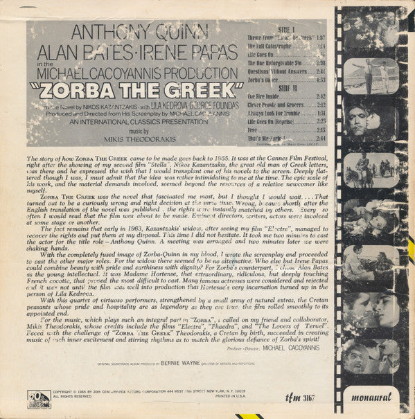 Mikis Theodorakis : Zorba The Greek (Original Soundtrack) (LP, Album, Mono, Dee)