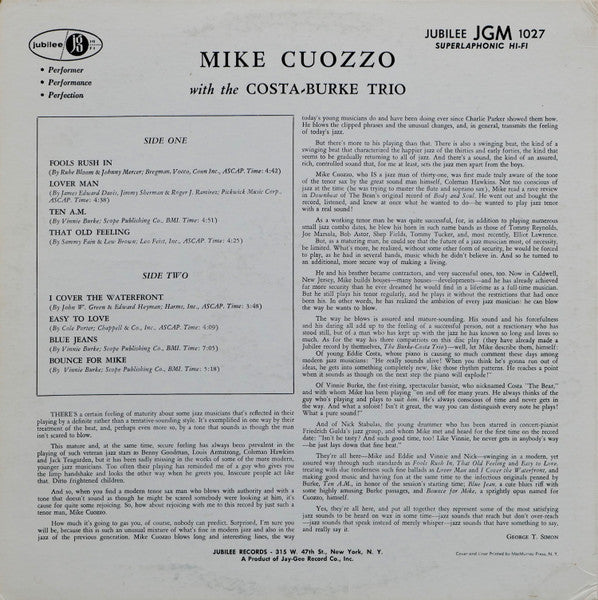 Mike Cuozzo With  Eddie Costa - Vinnie Burke Trio : Mike Cuozzo With The Costa Burke Trio (LP, Album, RE)