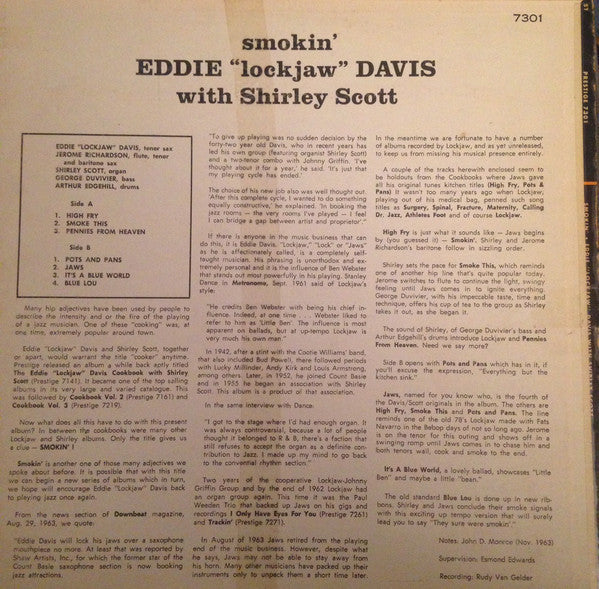 Eddie "Lockjaw" Davis With Shirley Scott : Smokin' (LP, Album, Mono, RE)