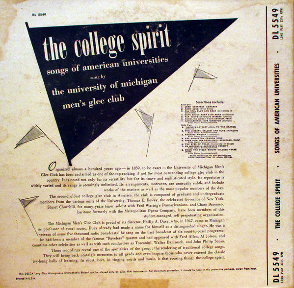 University Of Michigan Men's Glee Club : The College Spirit: Songs Of American Universities (10", Album, Mono)