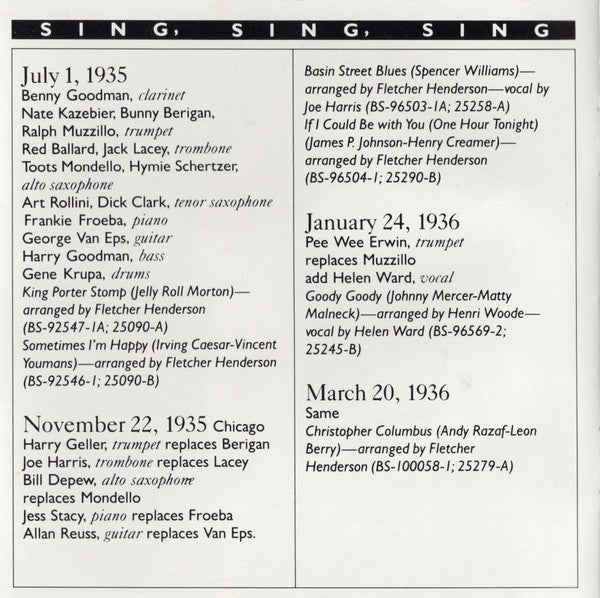 Benny Goodman And His Orchestra : Sing, Sing, Sing (CD, Comp, RM)