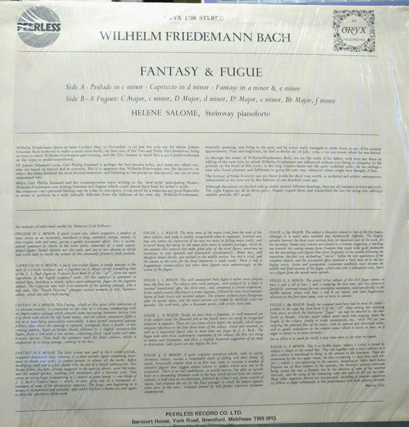Wilhelm Friedemann Bach, Hélène Salomé : Fantasy & Fugue (LP)