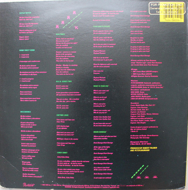 Peter Baumann : Repeat Repeat (LP, Album, Yel)