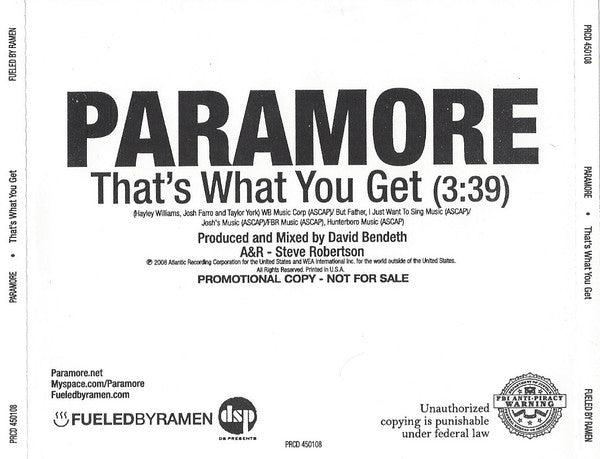 Paramore : That's What You Get (CD, Single, Promo)