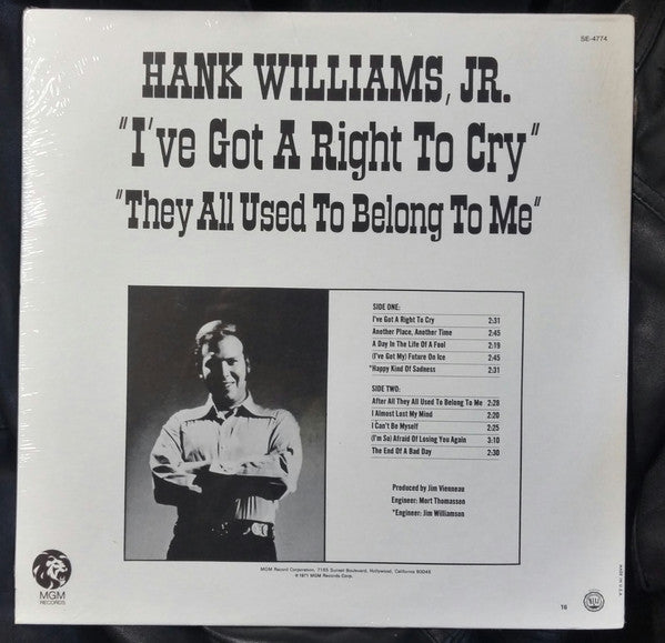 Hank Williams Jr. : 'I've Got A Right To Cry' 'They All Used To Belong To Me' (LP, Club)