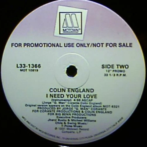 Colin England : I Need Your Love (12", Promo)