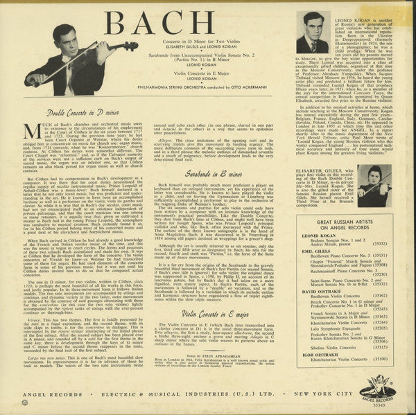 Leonid Kogan And The Philharmonia Orchestra  Conducted By Otto Ackermann , With Elisabeth Gilels In The Double Concerto.  Johann Sebastian Bach : Leonid Kogan Plays Bach (LP, Album, Mono)
