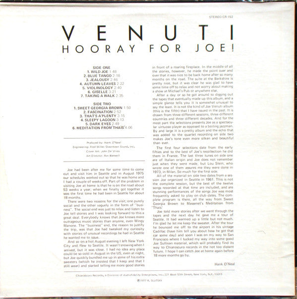 Joe Venuti : Hooray For Joe! (LP, Album)