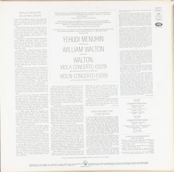 Walton*, Yehudi Menuhin, London Symphony Orchestra / New Philharmonia Orchestra : Violin Concerto 8 Viola Concerto (LP, Album)